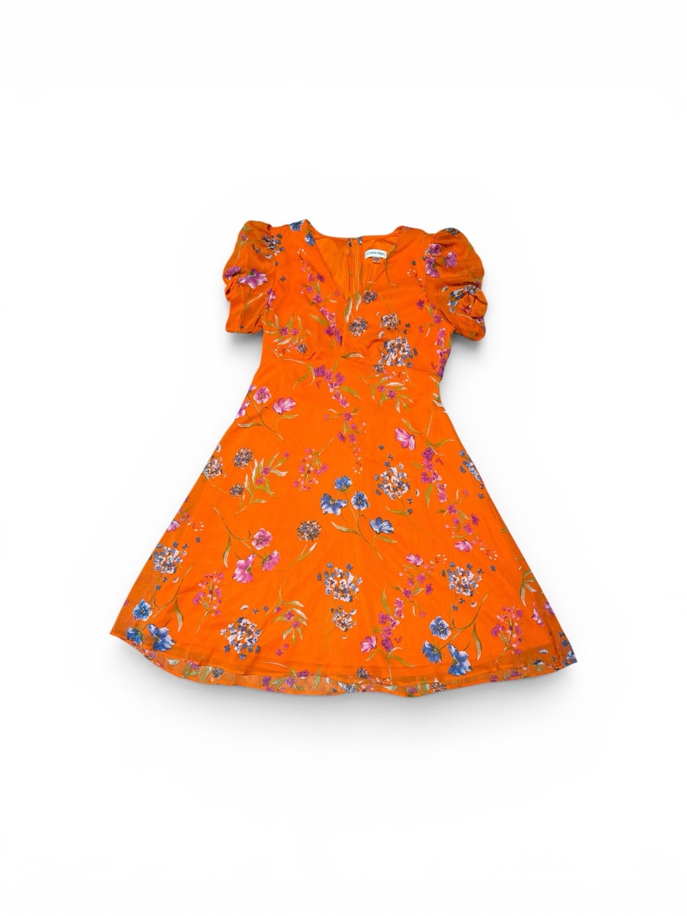 Calvin Klein Orange Floral V-Neck Midi Dress - Picture 2 of 9